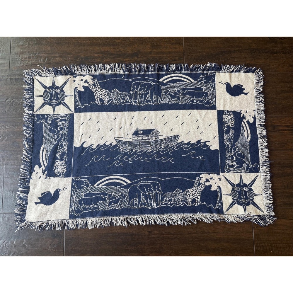 Vintage Noah's Ark Woven Tapestry Blanket 32x48 Fringe Christian Biblical Sun